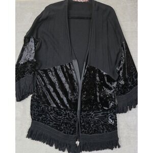 Womens Y2K Black Fairy Grunge Fringe Kimono Velvet Festival Coachella Whimsigoth